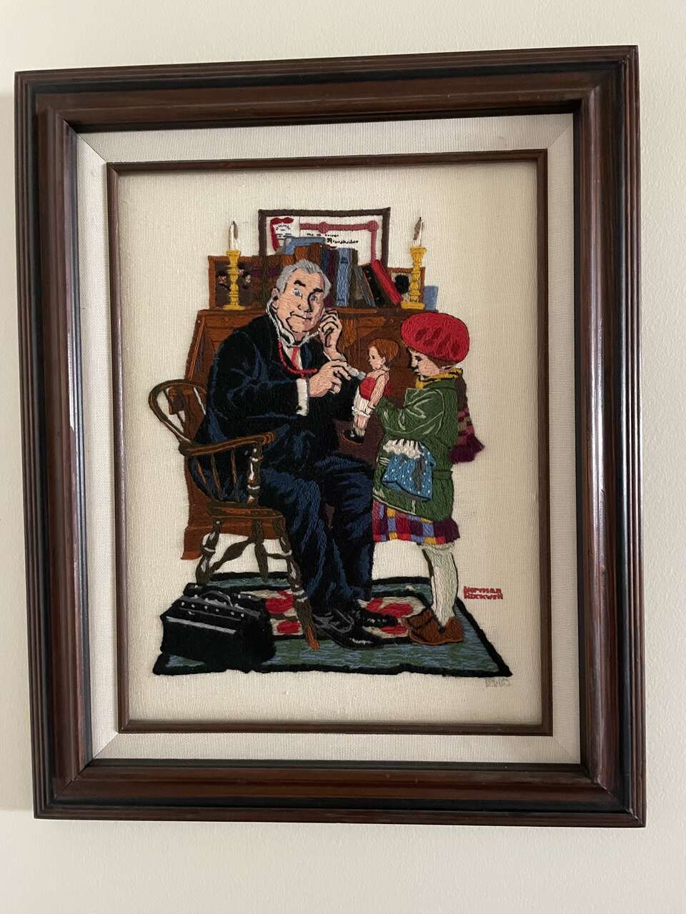 Norman Rockwell Piece--Dr Listening to Little Girl's Doll's Heart