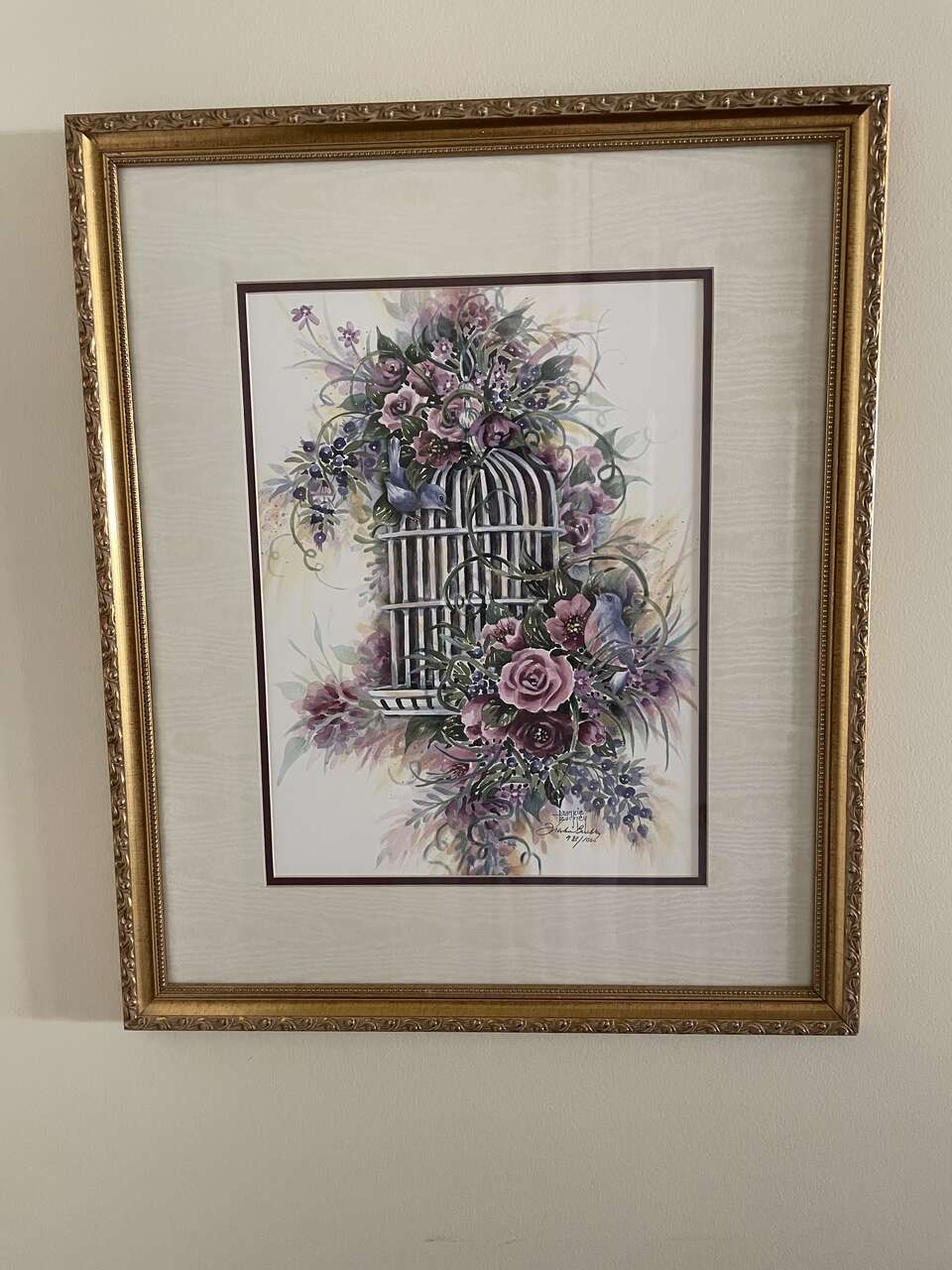 Very Nice Picture of a Cage filled with Flowers & Foliage in Very Pretty Gold Frame