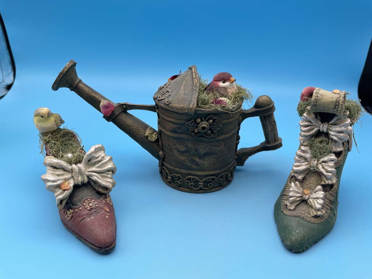 Rustic Looking Teapot with Bird in It and Two Rustic Shoes
