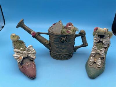 Rustic Looking Teapot with Bird in It and Two Rustic Shoes