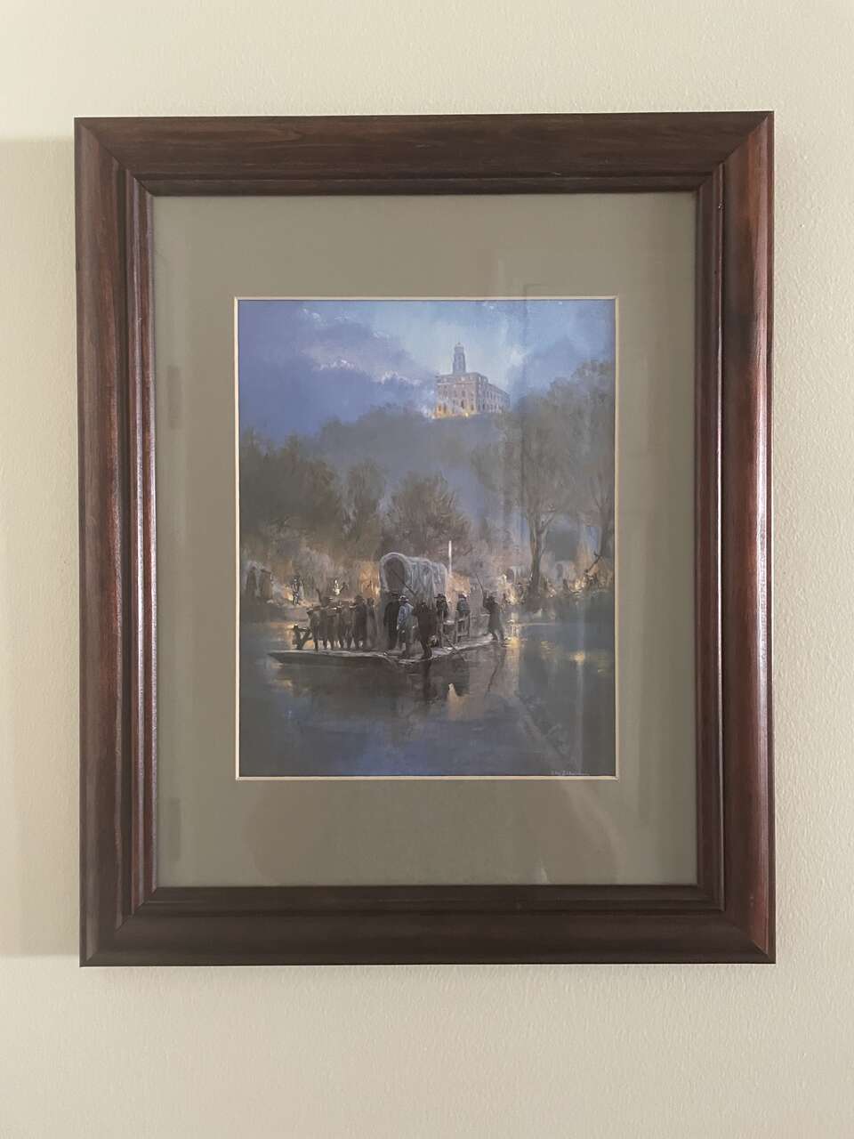 People on the River with Their Covered Wagon Escaping a Mob of People on Shore