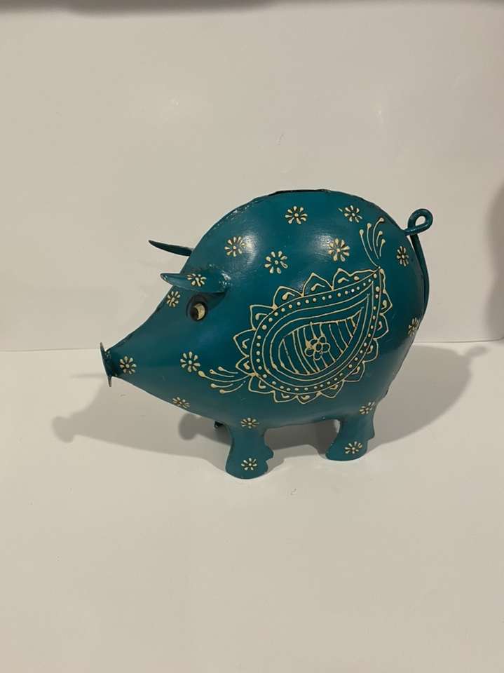 Hand Painted Metal Green Pig Piggy Bank
