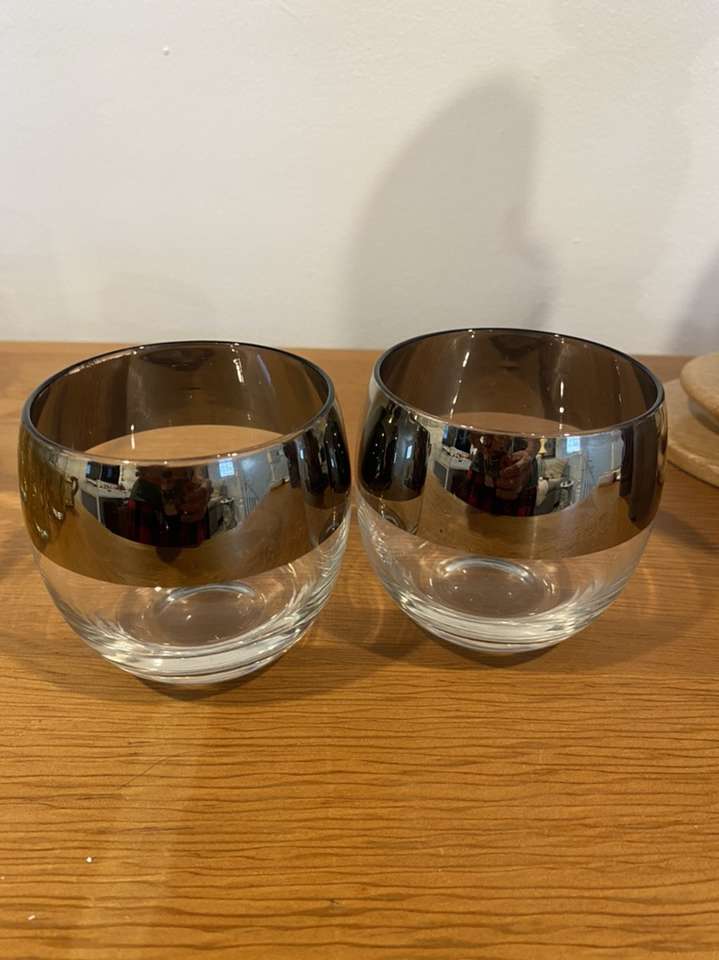 Two Vintage Silver Rimmed ROLY POLY barware GLASSE