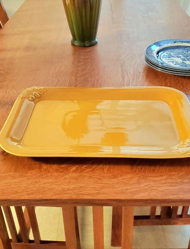 Crate & Barrell Golden Yellow Rectangular Serving Platter with OakLeaf Pattern.