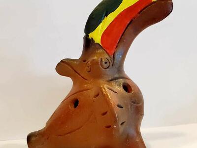 Vintage Ocarina Toucan Bird Three Headed Dog, Hand Painted Clay Folk Art Pottery Whistle