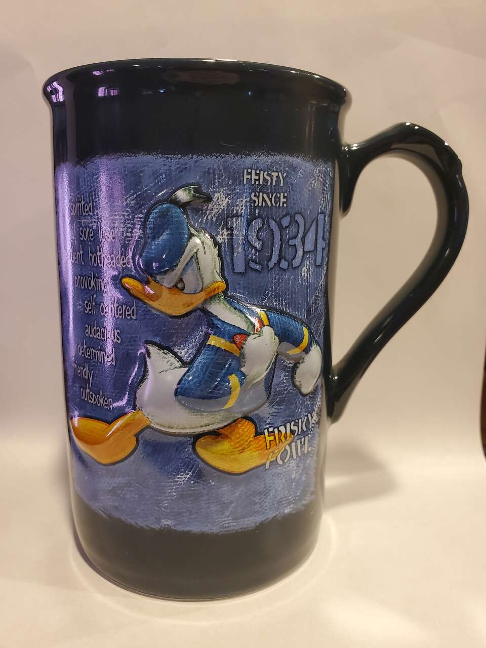 Disney Donald Duck Fiesty Fowl Frisky Since 1934 Tall Coffee Mug 3D Embossed Navy