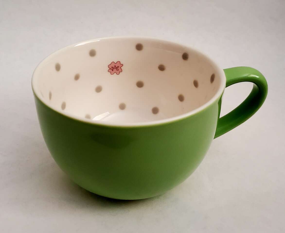 Starbucks 2005 Green with Polka Dots and Flower Cappucccino Coffee Tea Mug Cup