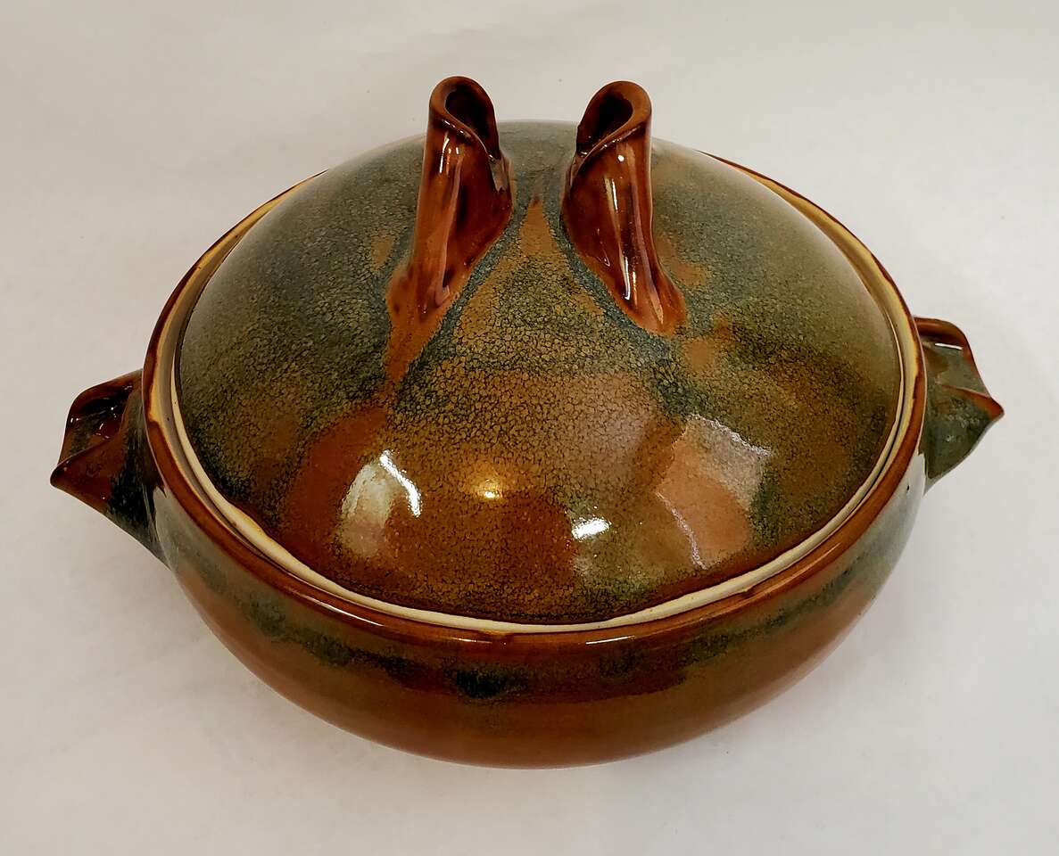 Artist Signed Hand Thrown Vintage Earthenware Pottery Glazed Copper Green Iridescent Lidded Bowl.