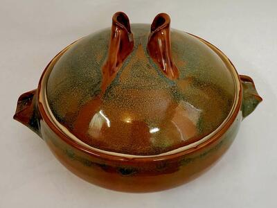 Artist Signed Hand Thrown Vintage Earthenware Pottery Glazed Copper Green Iridescent Lidded Bowl.