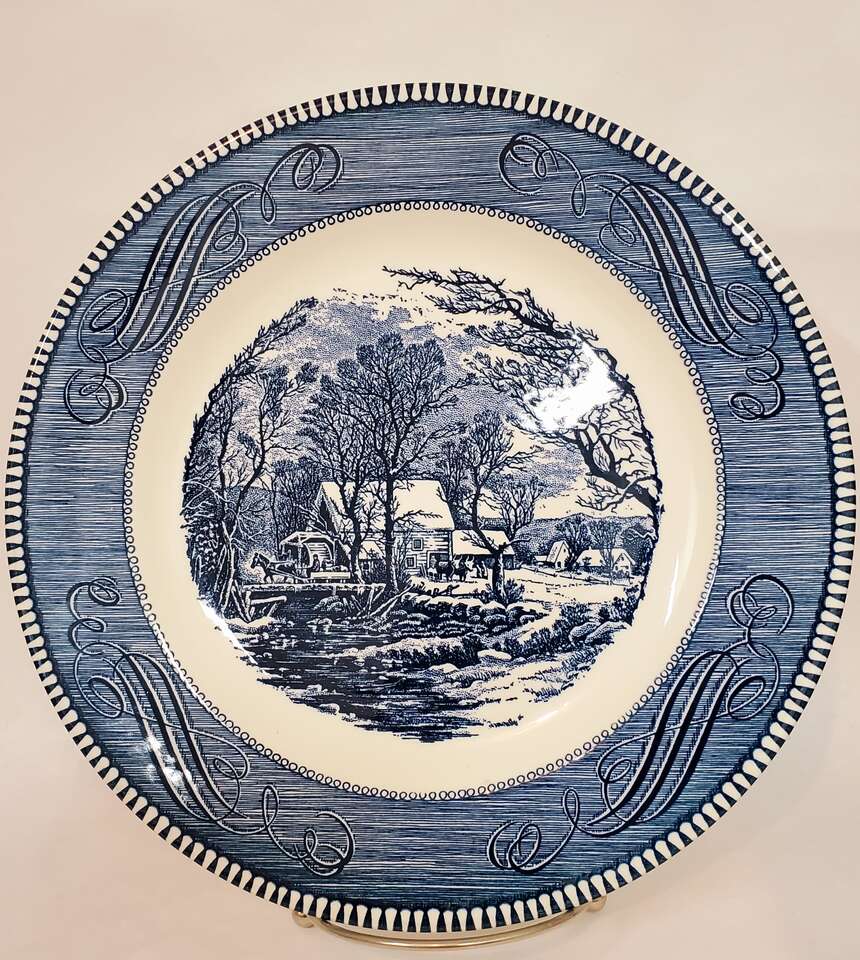 Vintage Currier & Ives, 10" Blue Dinner Plate "The Old Grist Mill" By Royal.