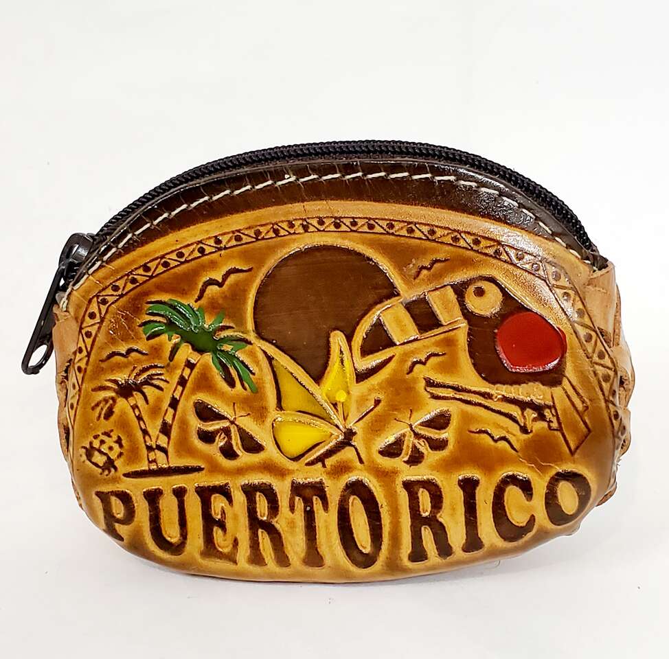 Vintage Zippered, Tooled, Leather, Braided Accessory Money Holder, Change Purse Souvenir of Puerto Rico