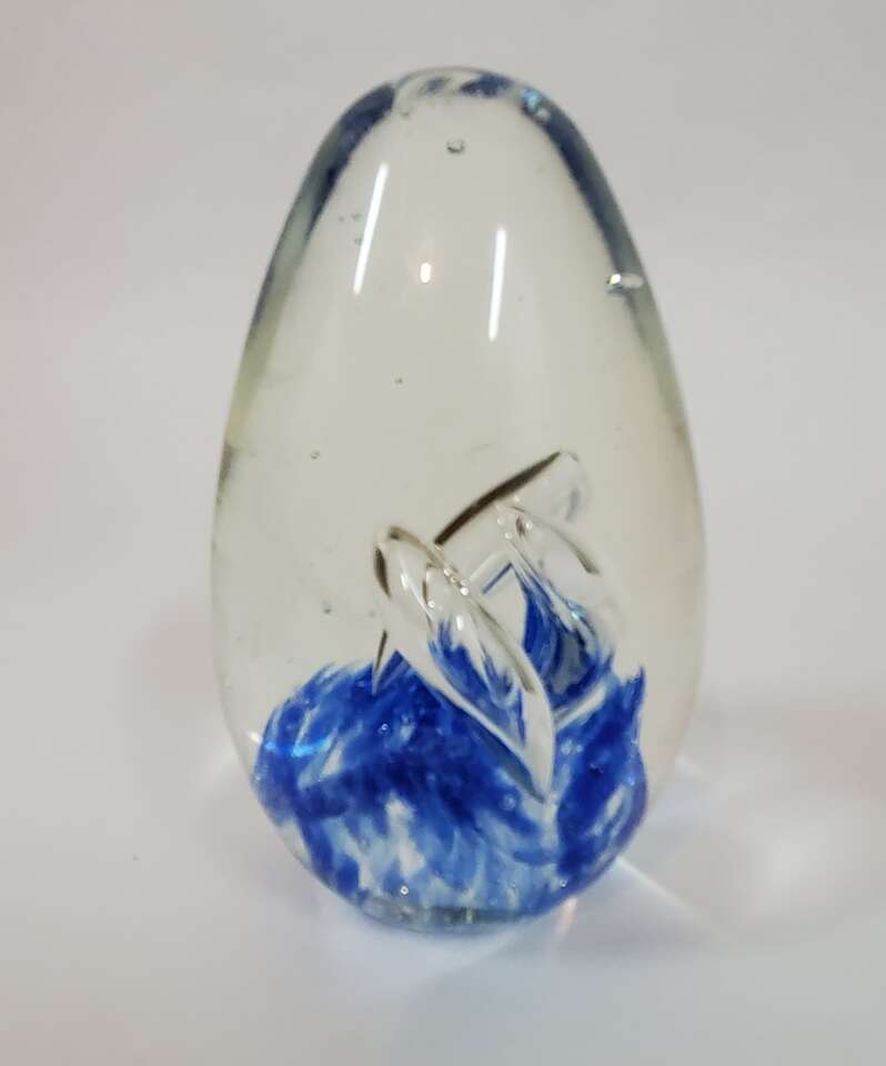 Blue Hand Blown Egg Shaped Art Glass Paper Weight with Ruffles and Forever Bubbles. Easter, Spring..