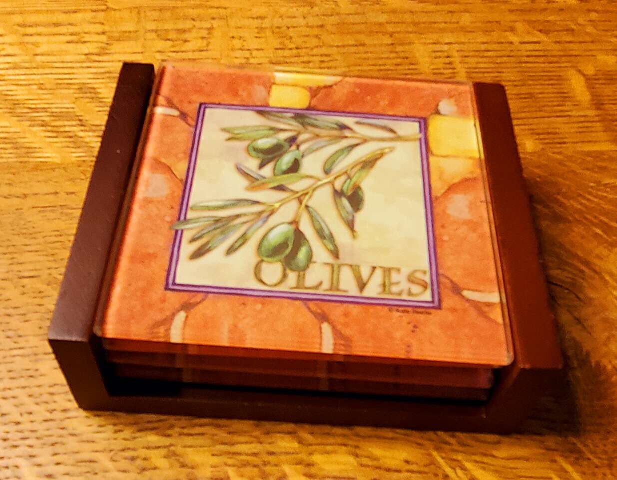 Kate Beatle Glass Coaster 4 piece Set with Holder. Olives Motif.