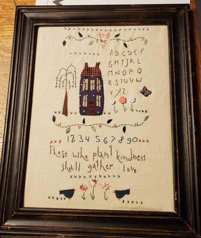 Framed Hand Made Embroidered Country Sampler with House, Birds, Flower and Butterfly Buttons. 13X16".