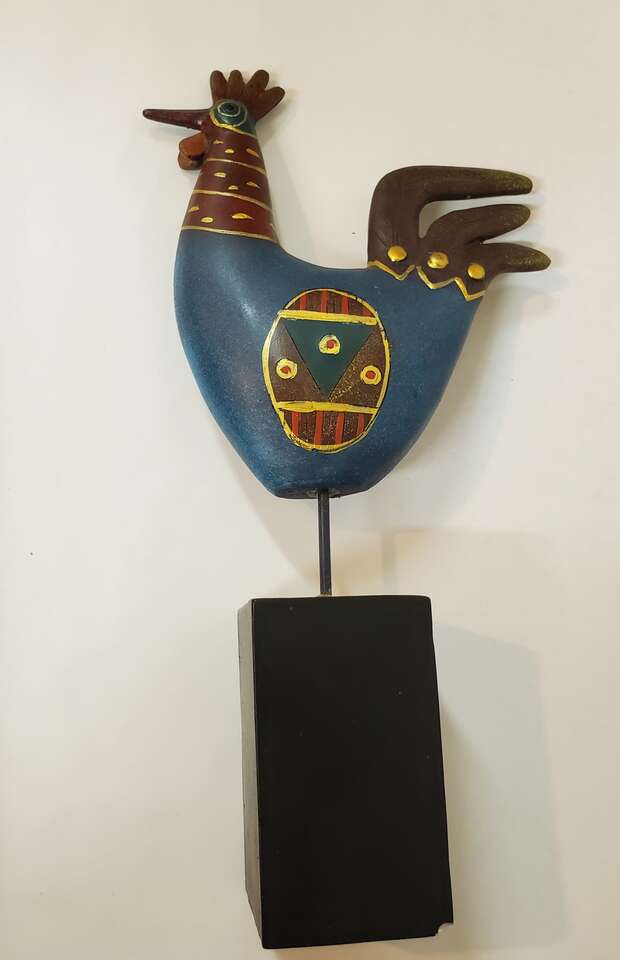 Hand Painted Folk Art Rooster Figurine with Gold Accents Symbol of Good Luck.