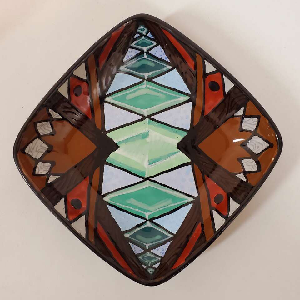 Hand Painted Square Pottery Bowl Signed by Artist with Geometric Designs.