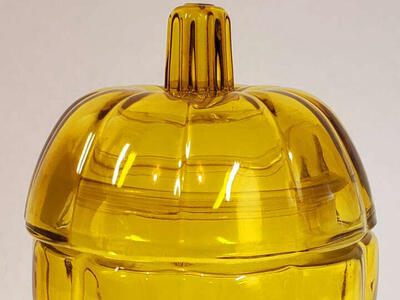 Yellow Glass Pumpkin Two Piece Trivet Candy Dish Fall Harvest Thanksgiving.