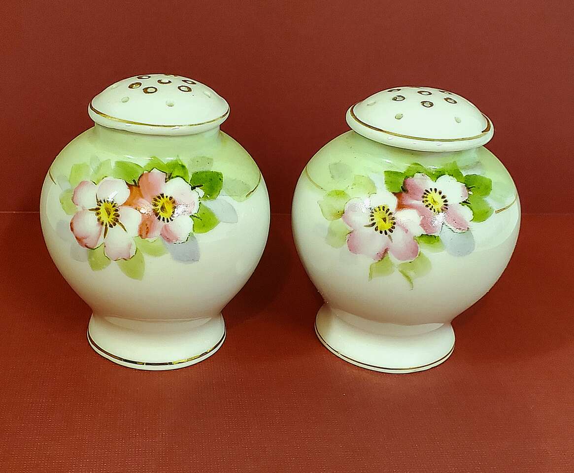 Antique Nippon Hand Painted Floral Gold Gilt Salt and Pepper Shaker Set