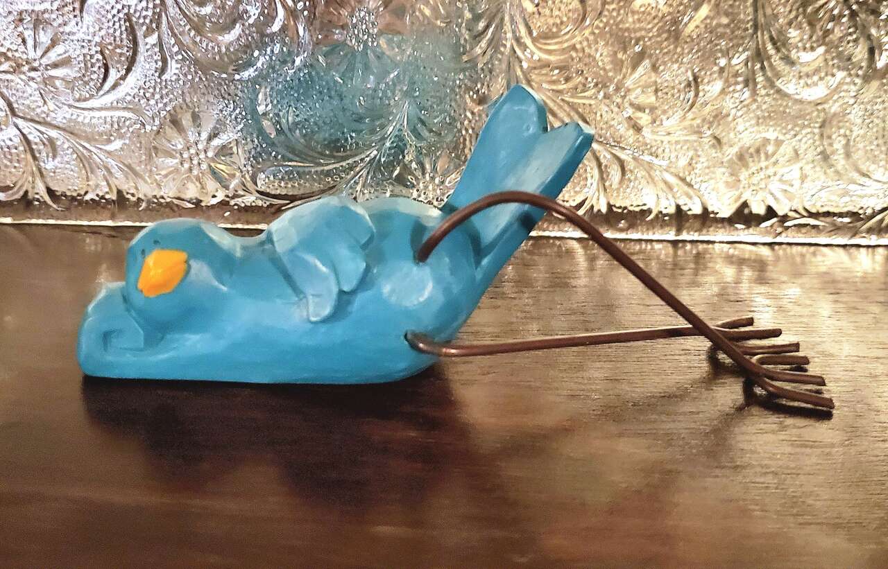 Vintage Russ Berri Shelf Sitter Reclining Blue Bird 'Tweet Along With Me' Figurine. 5" Long