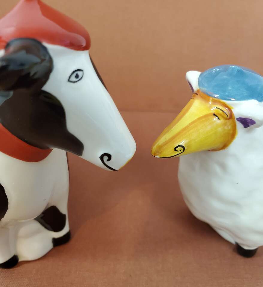 Whimsical Parisian Cow and Sheep Salt & Pepper Shakers Farm Country Animals.