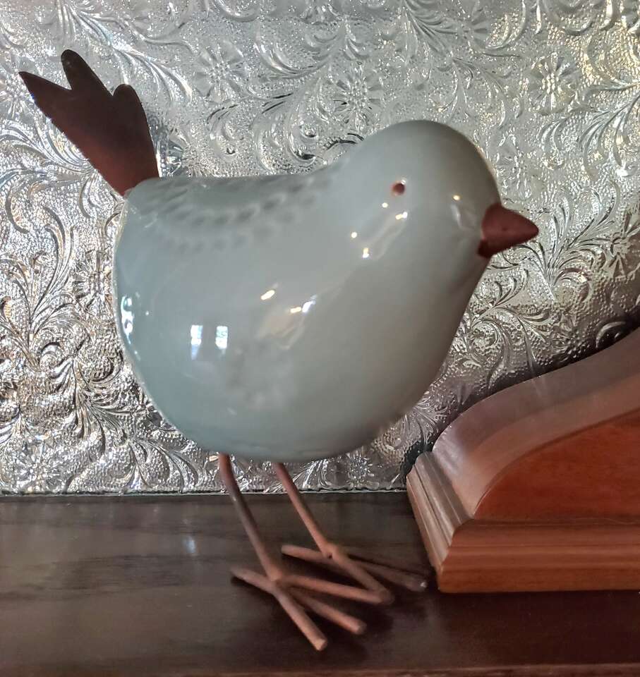 Soft Green Embossed Ceramic Bird Figurine Sculpture With Iron Tail and Iron Legs