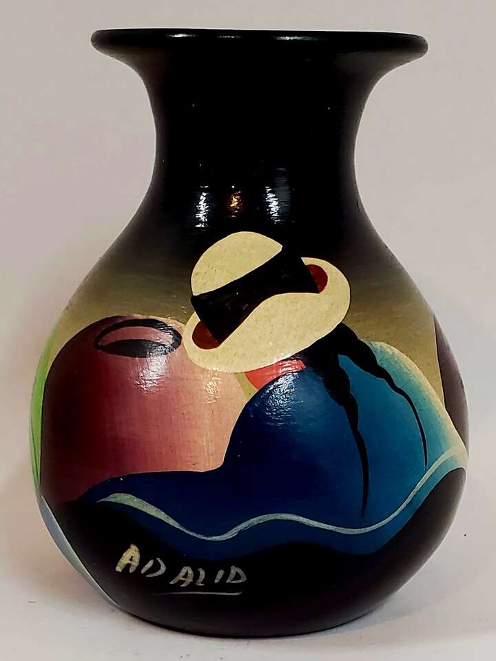 Pottery Art Vase Signed By Artisan Adalid. Red Clay Hand Painted Vibrant Colors.