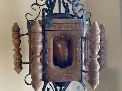 Vintage hanging wood & metal lamp