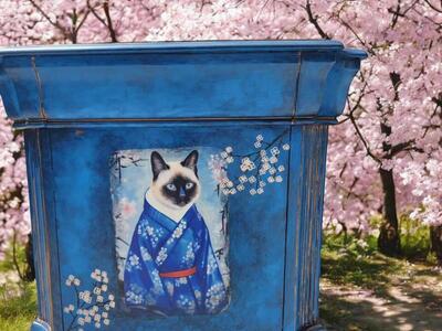 Custom Order Option: Hand Painted Blue Siamese Art Cat Bed, Cat House, Home Decor Accent End Table w/Drawer