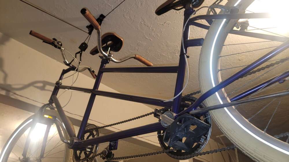 custom tandem bicycle, purple with brown grips