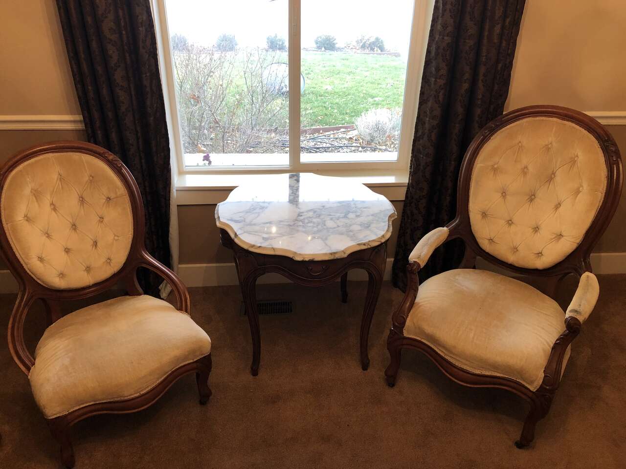 Antique Victorian Gentleman and Ladies Chairs with Matching Settee