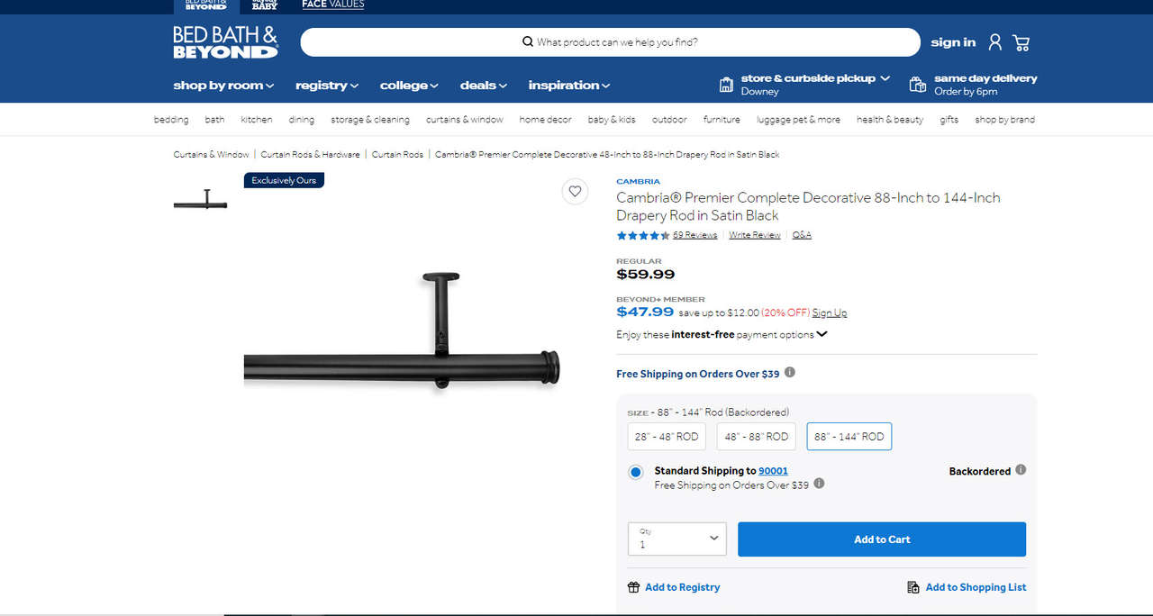 Cambria Premier Complete Decorative 88-Inch to 144-Inch Drapery Rod in Satin Black