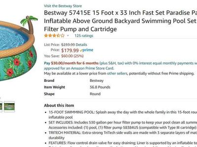 Bestway 57415E 15 Foot x 33 Inch Fast Set Paradise Palms Inflatable Above Grnd Backyard Swimming Pool Set Filter Pump Cartridge