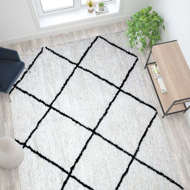New Flash Furniture 8 x 10 Shag Ivory/Black Indoor Trellis Area Rug