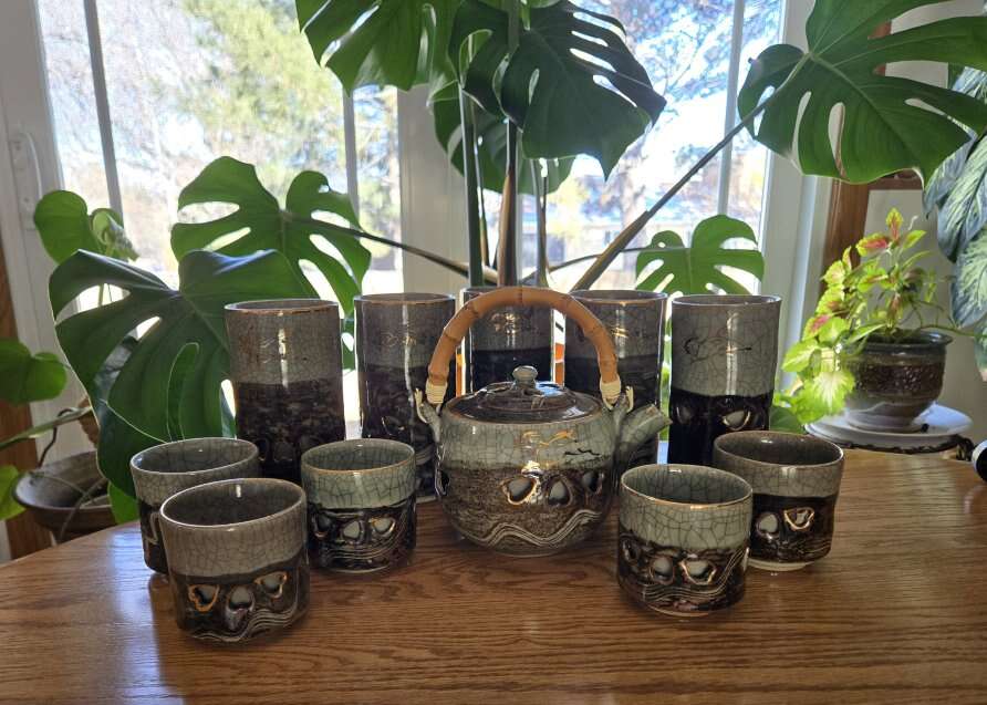 VTG Japanese Otagiri Somayaki Pottery Double Wall Tea Set/Glassware 11 Pc Green/Brown