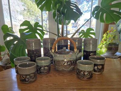 VTG Japanese Otagiri Somayaki Pottery Double Wall Tea Set/Glassware 11 Pc Green/Brown