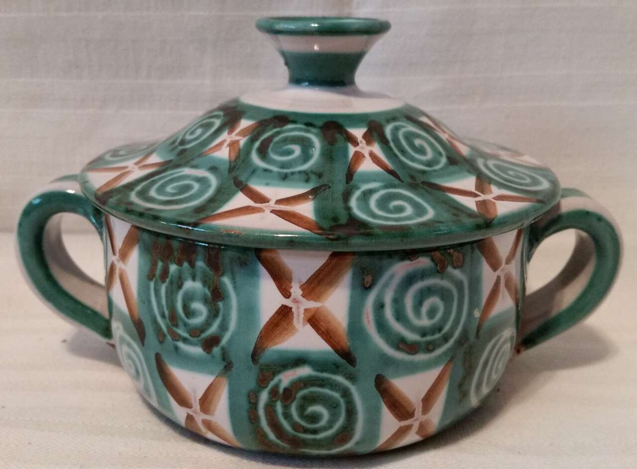 Rare Vtg Bowl Ceramic Handles/Lid Signed R.P. Robert Picault Vallauris #20 1950