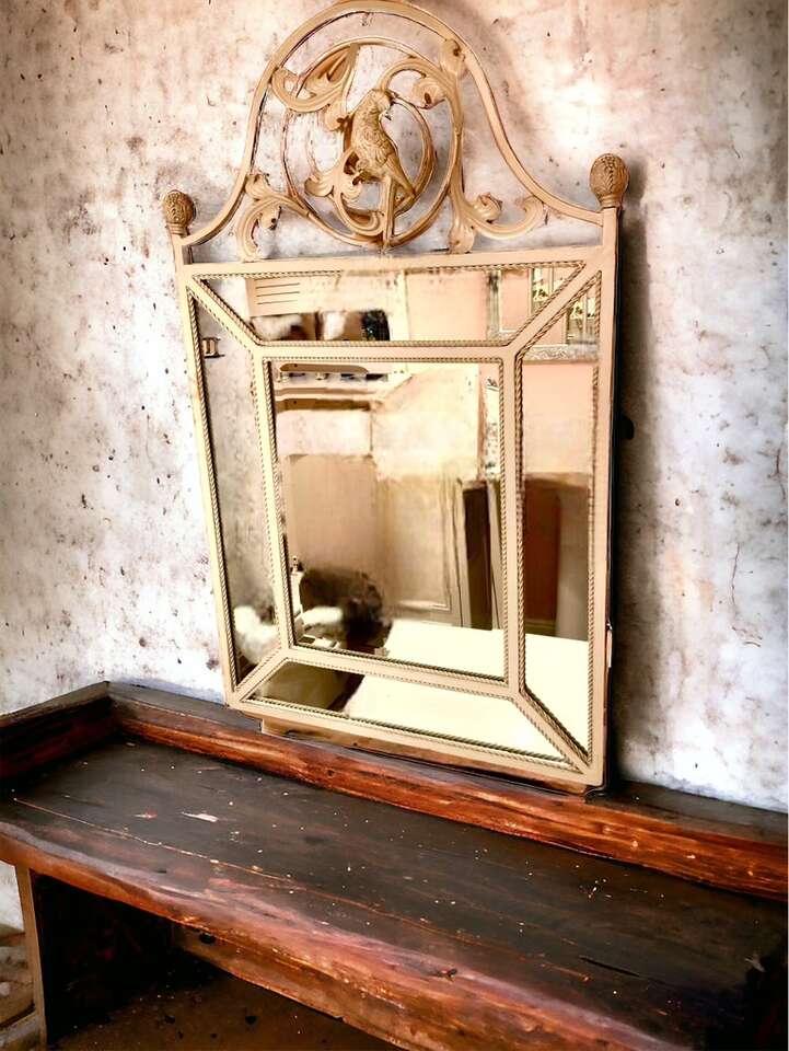 Vintage Metal Beveled Mirror Cream Colored