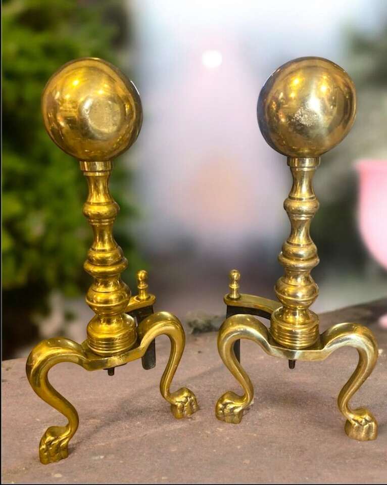 Brass CannonBall Andirons Vintage