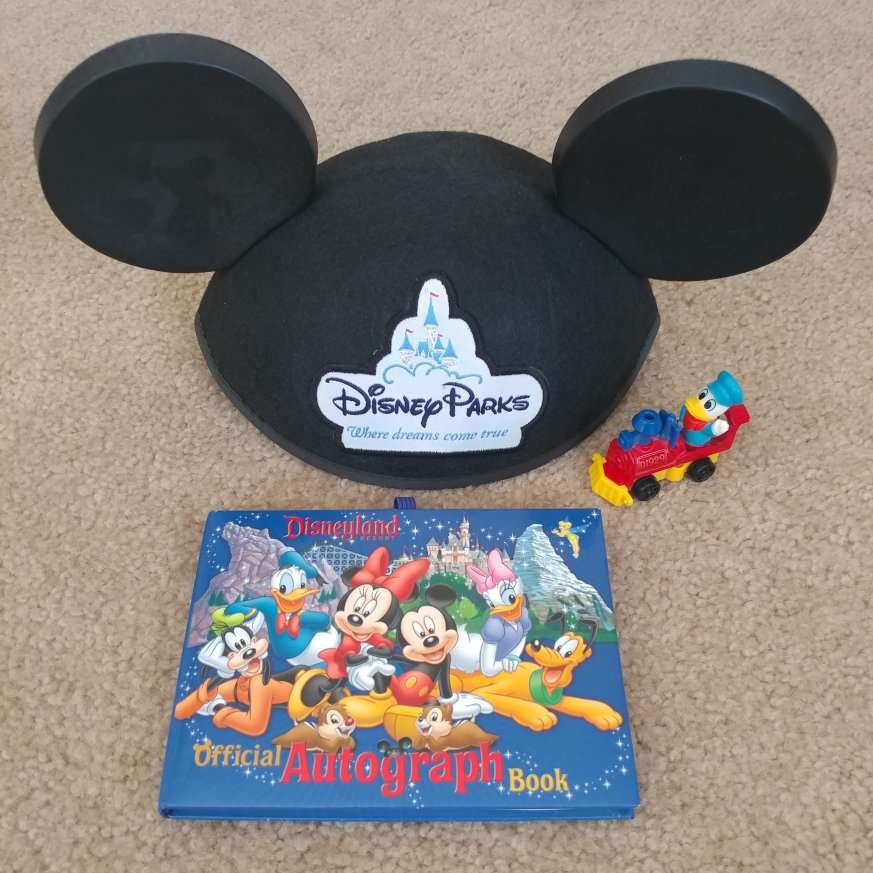 DISNEY! VINTAGE TRAIN, AUTOGRAPH BOOK & MOUSE EARS