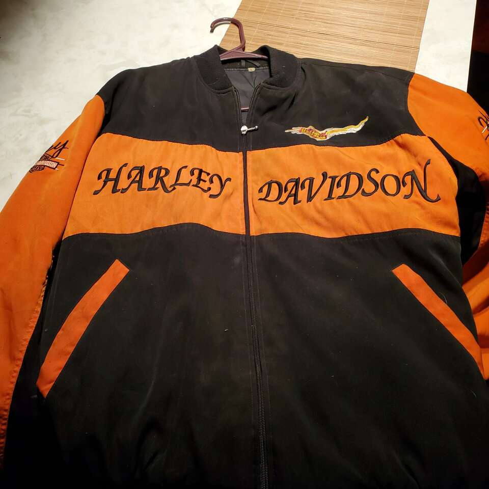 Harley Davidson Black/Orange Motorcycle Nylon Bomber Jacket/Racing Jacket/Windbreaker