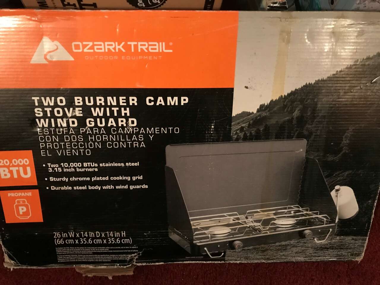 OZARK TRAIL 2-Burner 20,000 BTU Sturdy Propane Camp Stove with Wind Guard, Black