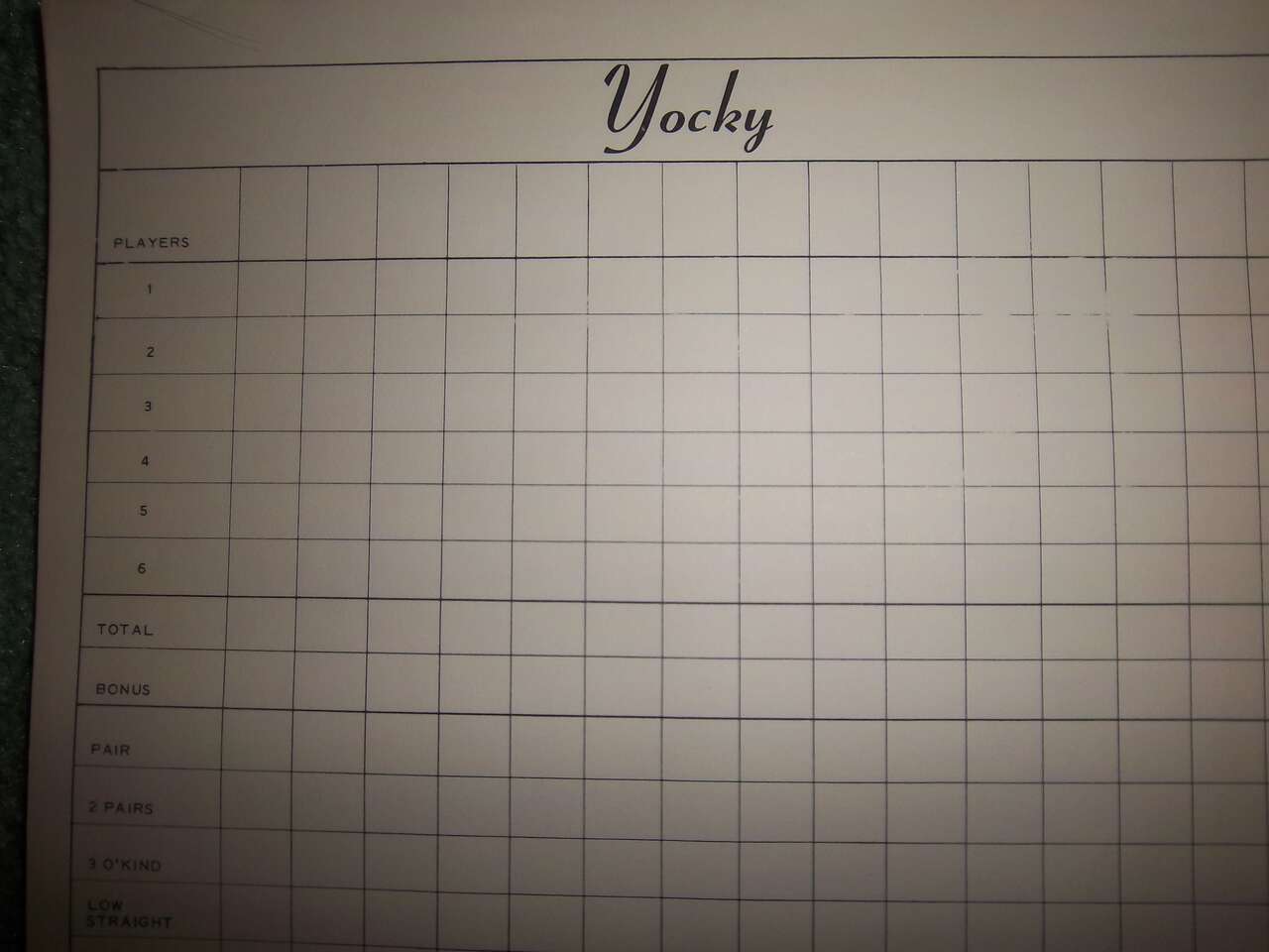Yocky (Yahtzee) Game Papers