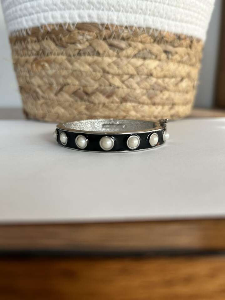Ann Taylor Silver Pearl Black Enamel Bracelet