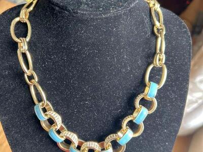 Cubic Zirconium Enamel Gold Tone Link Necklace