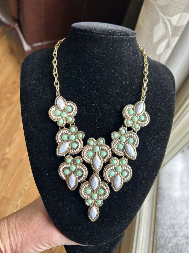 Gold Tone Statement Necklace Mint White Accent