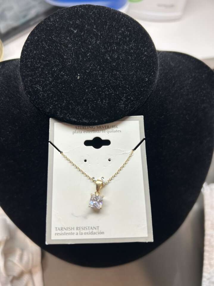 Sterling Silver 18k Necklace CZ Square Cut Stone