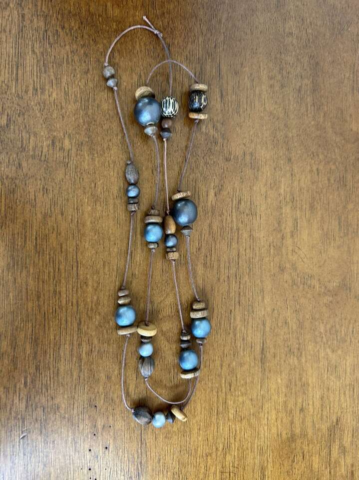 Long Brown Cord Wooden Bead Necklace