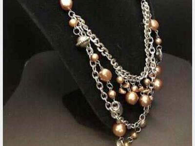 Brown Ribbon Faux Pearls Silver Tone Necklace