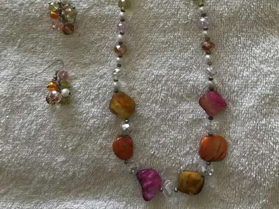 Necklace and Earring Set - colors pink, orange and white