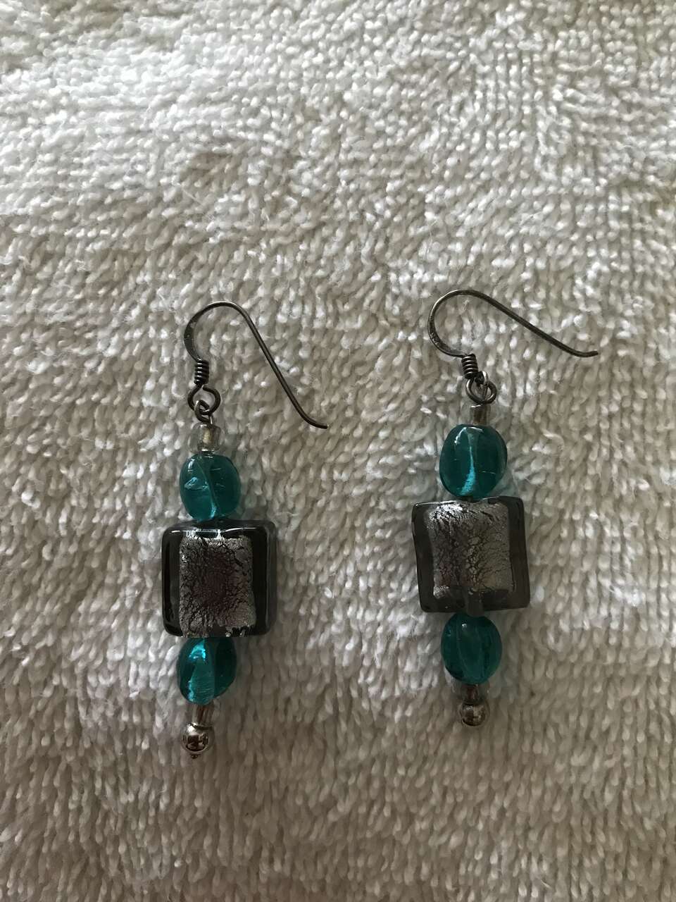 Turquoise and Silver Square Dangle Earrings - 1 1/2 inch in length